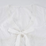 Daiiibabyyy  Sweet Prairie Chic Solid Lace Patchwork V Neck Short Sleeve All Match Women Shirt