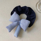 Daiiibabyyy  1PC Retro Blue Plaid Cotton-Filled Bow in Navy Blue Scrunchie - Fashionable, Ins Niche, New Style Ponytail Hair Tie for Women