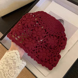 Daiiibabyyy  Women's Hats Y2k Caps Haze Blue Korean  Version Hand Crocheted And Hollowed Out Flower Shaped Cap Pile Pile Cap Sweet Cool Cap