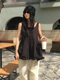 DAIIIBABYYY  -  Chic Summer Retro Age Reducing Square Neck Versatile Slimming Patchwork Black Fungus Edge Skirt Sleeveless Vest Shirt