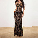 Daiiibabyyy  Sleeveless Slim Party Fishtail Dress Summer Off Shoulder Ribbon Maxi Dresses Sexy Tube Top Lace Embroidery Evening Dress