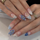 Daiiibabyyy  24PCS White French False Nails 3D Simple Red Flowers Designs Almond Press on Nails with Pearl Fake Nails for Women Wearable Tips