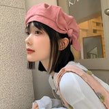 Daiiibabyyy Korean Spring Summer Cotton Pink Bow Beret Cap Women Girl Beret Artist Bud Painter Hat Japanese Cute Big Bowknot Beret Hat