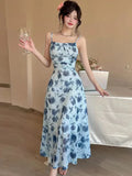 DAIIIBABYYY  -  New Blue Floral Mesh Chic Sling Maxi Dress Women Elegant Casual Beach Style Dress Summer Korean Fashion Bodycon Party Dress