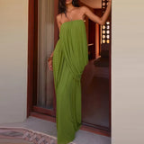 Daiiibabyyy  Strapless Sleeveless Solid Color Cocktail Dress Women Elegant Draped Design Split Long Dress Summer Fashion Backless Party Dress