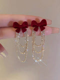 Daiiibabyyy  Red Flocked Bowknot Snowflake Star Heart Long Earrings Christmas Sweet Fashion Jewelry Women New Year Gifts