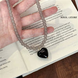 DAIIIBABYYY  -  New Color Beaded Chain Resin Heart Pendant Necklace For Women Girls Trendy Clavicle Chain Delicate Jewelry Gift