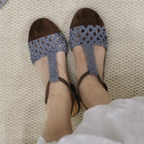 Daiiibabyyy  Comfort Round Toe Woven Hollow Flat Sandals for Women Splicing T-strap Buckle Roman Sandals Elegant Low Heel Party Dress Pumps