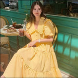 DAIIIBABYYY  -  Prairie Retro Fashion Long Dress Yellow White Summer Puff Sleeve Dream Dating Dress Slim Waist Midi Loose Casual Holiday Dress