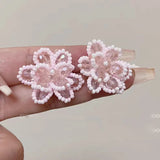 Daiiibabyyy  Zircon Imitation Pearl Flower Earrings New Y2K Sweet High-End Earrings French Camellia Light Luxury Unique Temperament Earrings