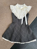 Daiiibabyyy  French Vintage Plaid Fake Two-Piece Dress Women Summer New Lace Splicing Elegant Sleeveless Short Skirt Geometric Pattern Pol...