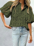 DAIIIBABYYY  -  Half Lantern Sleeve Fashion Tops, Women Summer Loungewear Solid Hollow Out Blouses, Ruffled Elegant Ladies Pullover Shirts