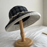 Daiiibabyyy  Japanese Plaid Bucket Hat for Women Spring Summer Breathable Sun Protection Hat Large Brim Lace Edge Foldable Fisherman Hats