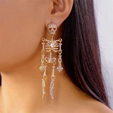 Daiiibabyyy  Punk Style Rhinestone Skull Earrings Exaggerate Crystal Skeleton Pendant Earrings Personality Shiny Halloween Party Jewelry