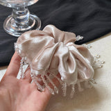 Daiiibabyyy  1PC Elegant Beige Velvet Hair Scrunchie With Crystal Bead Decor, Shiny Satin Hair Tie For Women, Party & Daily Hair Accessory