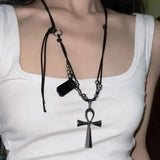 Daiiibabyyy  Punk Gothic Metal Cross Pendant Black Rope Long Sweater Chain Necklaces For Women Men Y2K Vintage Grunge 90s Jewelry Rock Gifts