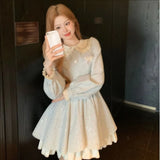 Daiiibabyyy  New Autumn Long Sleeve Tweed Midi Dress Elagant Female Peter Pan Collar Princess Dress Vintage Lace Patchwork Party Dress