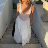 Daiiibabyyy  Women's U Neck Mesh Knitted Patchwork Beach Dress Simple Solid Sleeveless Hollow Out Long Dress High Street Pleated Loose Dress