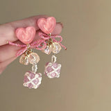 Daiiibabyyy  Fairy Sweet Pink Heart Beaded Bow Opal Ball Lily Flower Drop Multi-element Earrings Women and Girls Elegant Jewelry Gifts