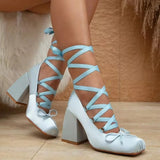 DAIIIBABYYY  -  Sweet Lolita Ballet Style Pumps Women's Big Size 43 Pink High Heels Shoes Ribbon Cross Lace-up Mary Jane Shoes