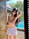 Daiiibabyyy  Moka Cocoa Retro Plaid Sexy Bikini Swimsuit Separate Strap Thermal Beach Pants Hot Springs Triangular Design Polyester Material