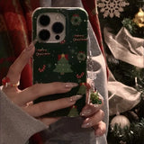 Daiiibabyyy  Green background snowflake Christmas tree phone case with Christmas tree pendant for iPhone 11 12 13 14 15 16 17 Pro Max