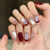 Daiiibabyyy  10pcs Gentle Purple Ice Flower Press On Nails Glass Bead Cat's Eye Wine-red French Style Handmade False Nails DIY Fake Nail Tips