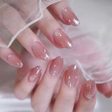 Daiiibabyyy  24Pcs Green Gradient Shiny Powder Press on Nails 3D Bow Heart Four Leaf Clover False Nails Short Round Reusable Fake Nails Tips