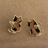 Daiiibabyyy  Funny Leopard Plush Velvet Rhinestone Cartoon Cat with Bowknot Dangle Earrings for Women Gold Plated Every Day Jewelry