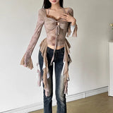 DAIIIBABYYY  -  New Women's Solid Color Slim Fit with Exposed Navel Fashion V-neck Hanging Neck Long Sleeved Top for Women