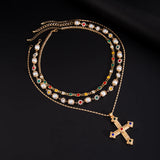 DAIIIBABYYY  -  3pcs/set Fashion Luxury Imitation Pearl Rhinestone Flower Beads Choker Necklace Men Exquisite Cross Pendant Jewelry