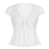 Daiiibabyyy  Sweet Prairie Chic Solid Lace Patchwork V Neck Short Sleeve All Match Women Shirt