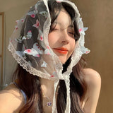 Daiiibabyyy  1 Pcs Women's Hair Scarfs Dopamine Butterfly Lace French Cute Elegant Sweet Triangle Headscarfs Beach Mesh Hair Accessories Girl
