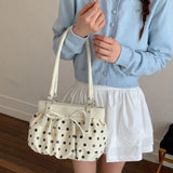 Daiiibabyyy  Polka Dot Ruched Shoulder Bag With Star Pendant Women Bow Decor Large Capacity Hobo Bag Retro Versatile Handbag For Daily Commut