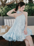 Daiiibabyyy  Vestidos De Mujer Sweet Jacquard Slip Dress Women Skew Collar A-line Summer Ruffled Robe Femme Backless Bandage Dresses
