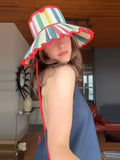 Daiiibabyyy  Plaid Print Ruffle Wide Brim Bucket Hat Foldable Sun Protection Loose Fit Summer Women Straw Hat Casual Chic Lady Sombrero