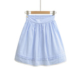Daiiibabyyy  Spring French Style Fresh Slimming Blue Striped Lace Trimmed High Waist A-Line Short Skirt Half Skirt For Woman Casual HMJ9