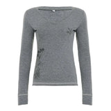 Daiiibabyyy  American Style Vintage Plant Print Basic Long Sleeved T-shirt Women V-neck Slim Fit Base Y2K Spicy Girl Top