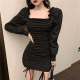 Daiiibabyyy  Sexy Shirring Slash Neck Puff Sleeve Women Dress New Spring Autumn Korean Style Above Knee Solid Color Belt Long Skirt