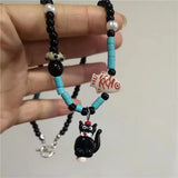 DAIIIBABYYY  -  Y2k Cute Black Cat Fish Pendant Beaded Necklace For Women Sweet Cool Clavicle Chain Girl Choker Jewelry Accessories Party Gift