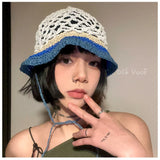 DAIIIBABYYY  -  Mori Girl Bucket Hat Japanese Hand-woven Hollowed-out Contrasting Fisherman's Cap Sweet and Cute Lace-up Straw Beach Caps