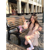 DAIIIBABYYY  -  Korean Print Ruffles Pink Mini Dress Slim Wasit Fairy Puff Sleeve Ball-Gown Square-Collar Vestidos 2025 Summer Chic New Clothes