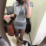 Daiiibabyyy  2 Piece Set Jacket Korean Style Double Breasted Summer Jackets Floral Sleeve Blazer Notched Collar Button Front Crop Jacket