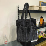 Daiiibabyyy  Casual Handbag Large Capacity Denim Tote Bag Fashion Everything High Appearance Level Shoulder Bag Commuter Underarm Bag