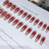Daiiibabyyy 24pcs Red Cheek with Golden Edge Sweet  French Middle Art False Nails Set Press on Fake Stick-on Full Cover Nail  with Glue