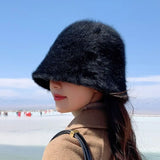 DAIIIBABYYYY  -  Retro Fashion Women Bucket Hat Imitation Rabbit Fur Cap Solid Color Plush Fisherman Hat Temperament Warm Winter Basin Hat