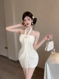 Daiiibabyyy  Pure and Unique Halter Neck Strapless Dress Nightclub Mesh Makes You Look Thin