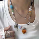 Daiiibabyyy  Korean Exquisite Retro Flower Love Heart Beaded Necklace For Women Personality Simple Cool Clavicle Chain Fashion Y2K Jewelry