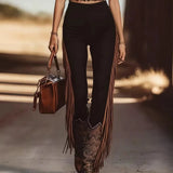 Daiiibabyyy  Women Flare Pants Black High Waist Mid Weight Western Style Fringe Flared Trousers Side Fringe Long Wide Leg Pants