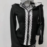Daiiibabyyy  Autumn New Black Lace Hoodie Jacket Women Y2k Light Asian Style Millennium Spicy Girl Slim Fit Waist Slimming Top